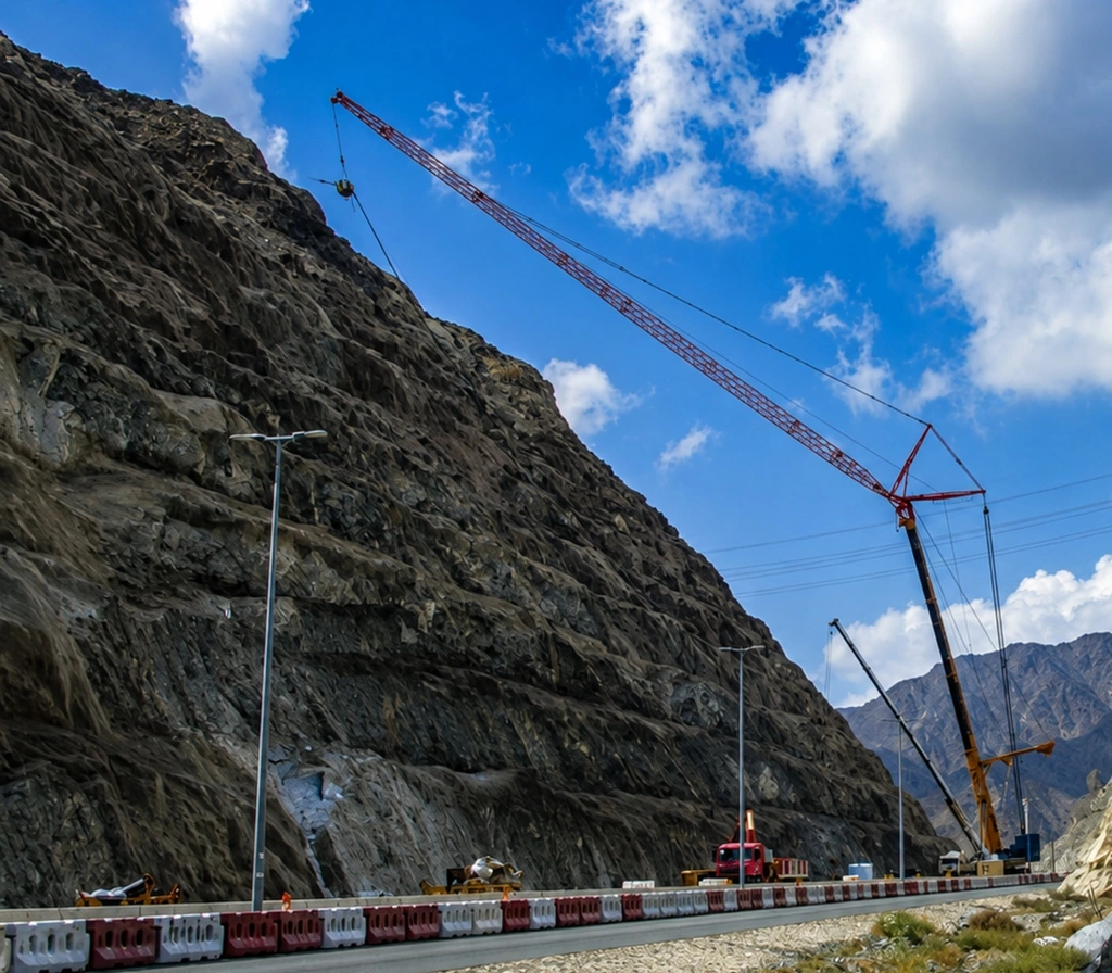 Engineered rock slope stabilization with high-reach crane on mountain cut